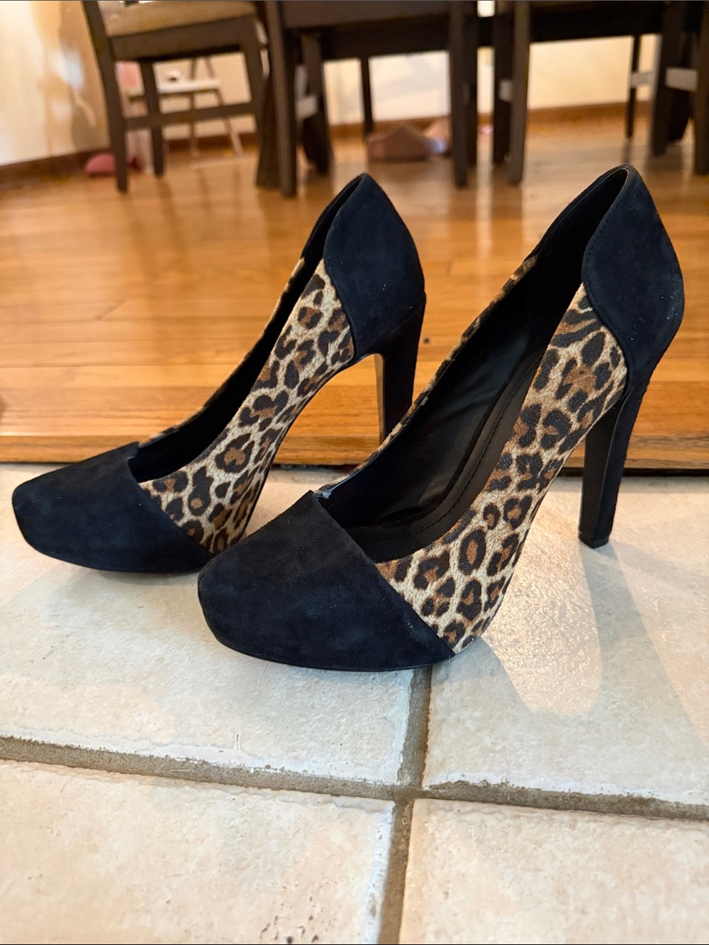 BCBG Black and Leopard Print Suede-Look High Heel Pumps